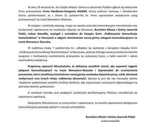 Jawornik Polski: przewoźnik AGMAR kończy kursy do Rzeszowa. Burmistrz szuka ratunku w Związku Gmin
