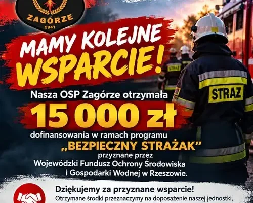 OSP Zagórze z dotacją 15 tys. zł na sprzęt i bezpieczeństwo